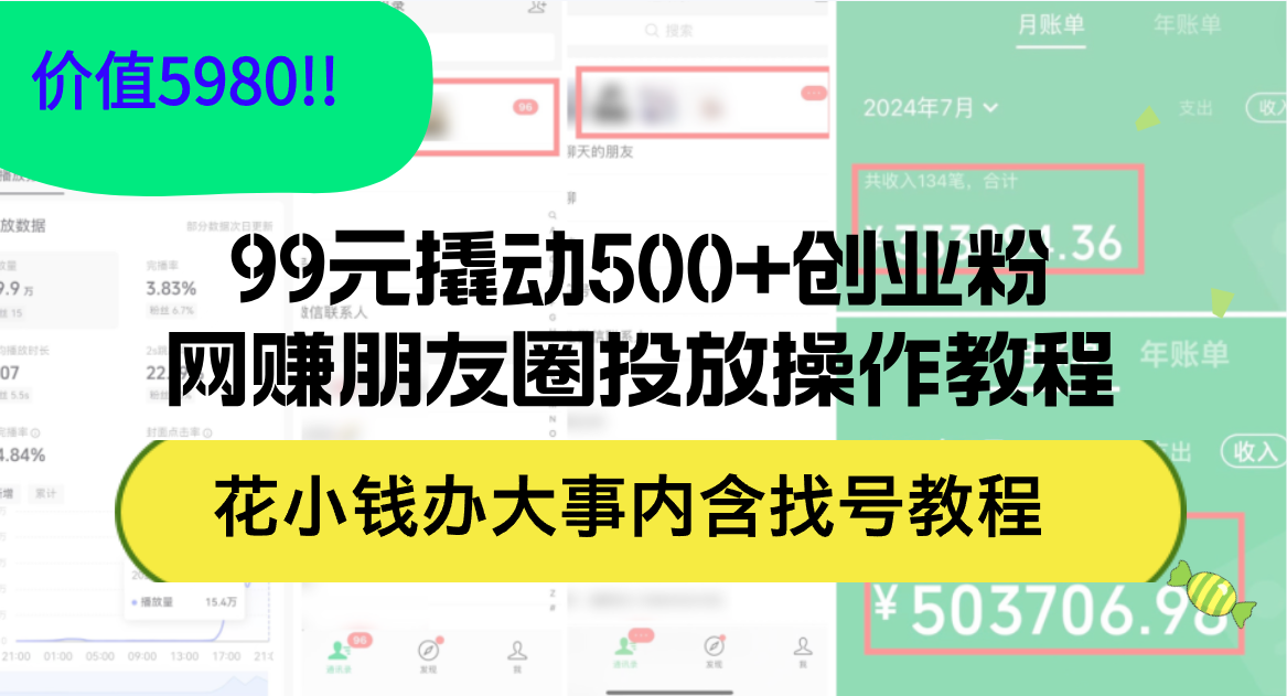 （12431期）99元撬动500+创业粉，网赚朋友圈投放操作教程价值5980！花小钱办大事内…_生财有道创业网-生财有道