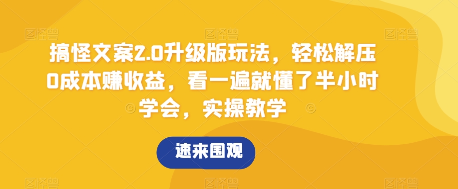 搞怪文案2.0升级版玩法，轻松解压0成本赚收益，看一遍就懂了半小时学会，实操教学【揭秘】-生财有道