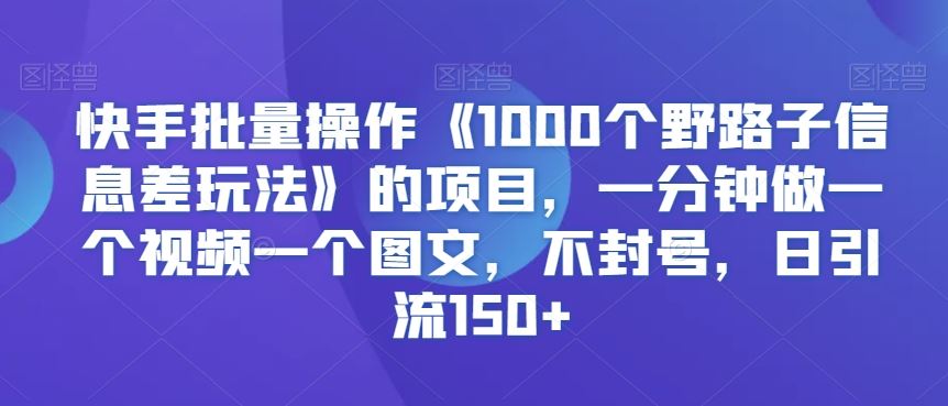 快手批量操作《1000个野路子信息差玩法》的项目，一分钟做一个视频一个图文，不封号，日引流150+【揭秘】-生财有道