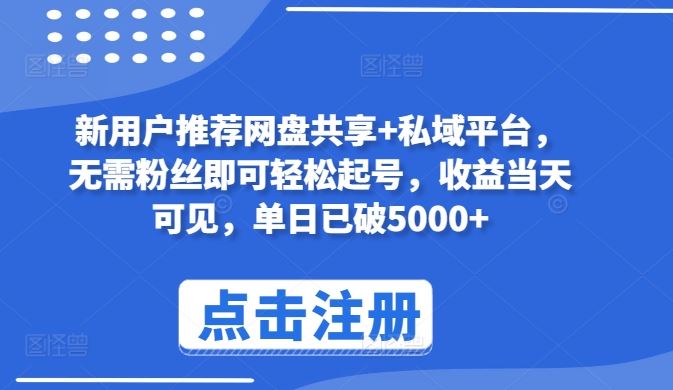 新用户推荐网盘共享+私域平台，无需粉丝即可轻松起号，收益当天可见，单日已破5000+【揭秘】-生财有道