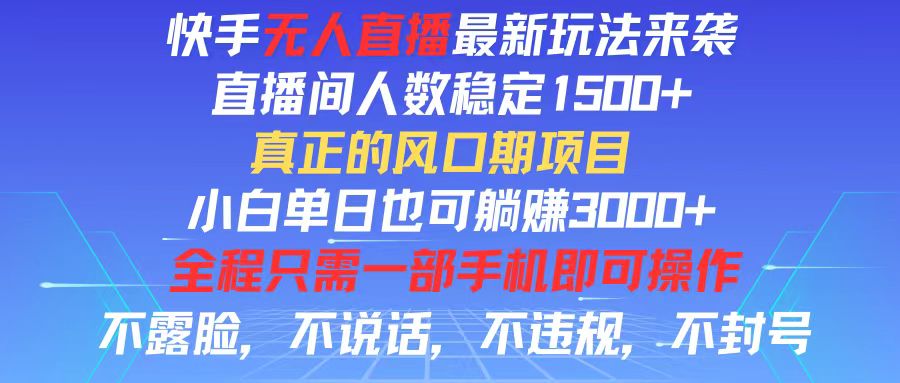 （11792期）快手无人直播全新玩法，直播间人数稳定1500+，小白单日也可躺赚3000+，…-生财有道