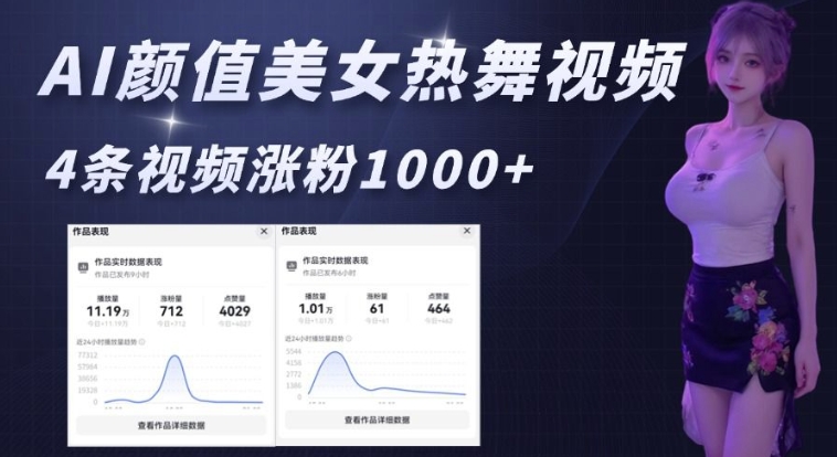 AI颜值美女热舞视频，4条视频涨粉1000+，实测6分钟一条——生财有道创业项目网-生财有道