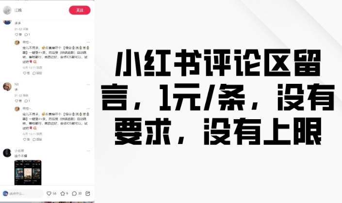 小红书评论区留言，1元条，没有要求，没有上限——生财有道创业项目网-生财有道