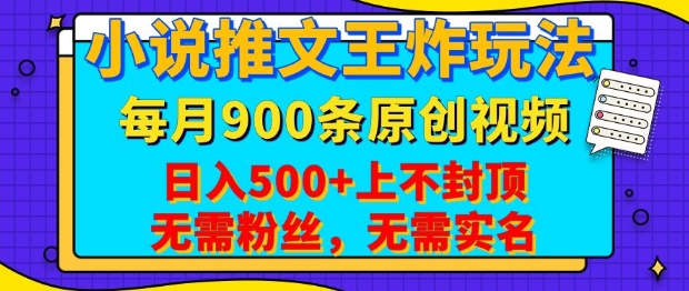 小说推文王炸玩法，一键代发，每月最多领900条原创视频，播放量收益日入5张，无需粉丝，无需实名【揭秘】——生财有道创业项目网-生财有道