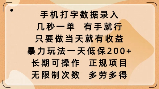 手机打字数据录入，几秒一单，有手就行，只要做当天就有收益，暴力玩法一天低保2张——生财有道创业项目网-生财有道