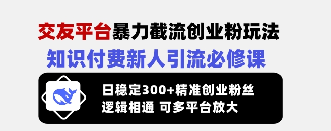 交友平台暴力截流创业粉玩法，知识付费新人引流必修课，日稳定300+精准创业粉丝，逻辑相通可多平台放大——生财有道创业项目网-生财有道