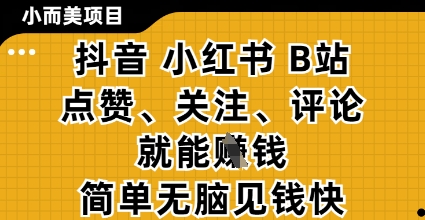 小而美的项目，抖音小红书B站视频点赞、关注、评论就能挣钱，简单无脑立见收益，妥妥的零撸项目【揭秘】——生财有道创业项目网-生财有道