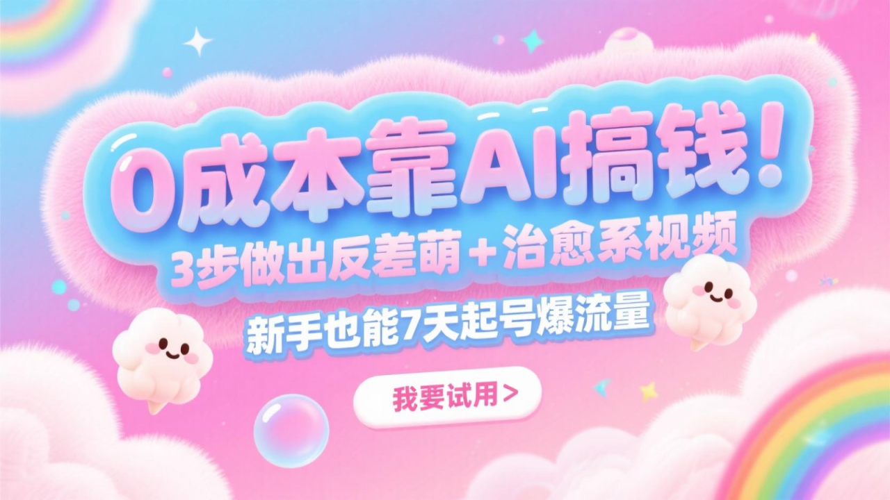 0成本靠AI搞钱！3步做出反差萌+治愈系视频，新手也能7天起号爆流量，月入5位数_生财有道创业网-生财有道