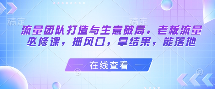 流量团队打造与生意破局，老板流量必修课，抓风口，拿结果，能落地——生财有道创业项目网-生财有道