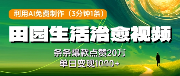 利用AI免费制作田园生活治愈视频，条条爆款点赞20W，单日变现几张——生财有道创业项目网-生财有道