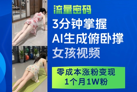 3分钟掌握AI生成俯卧撑女孩视频，零成本涨粉变现，1个月1W粉——生财有道创业项目网-生财有道