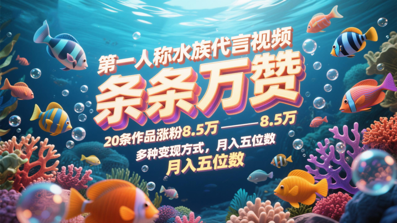 第一人称水族代言视频，条条万赞，20条作品涨粉8.5万，多种变现方式月，入五位数_生财有道创业网-生财有道