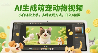 AI生成萌宠动物视频，小白轻松上手，多种变现方式，日入4位数——生财有道创业项目网-生财有道