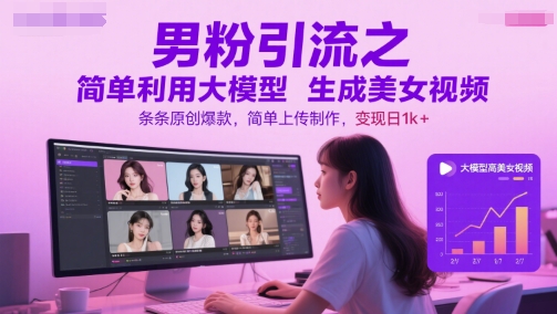 男粉引流之简单利用大模型生成美女视频，条条原创爆款，简单上传制作，变现日1k+——生财有道创业项目网-生财有道