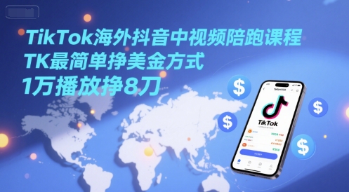 TikTok海外抖音中视频陪跑课程，TK最简单挣美金方式，1万播放挣8刀——生财有道创业项目网-生财有道