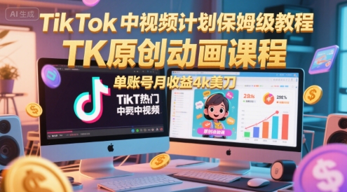 TikTok中视频计划保姆级教程，TK原创动画课程，单账号月收益4k美刀——生财有道创业项目网-生财有道