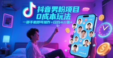 抖音男粉项目0成本玩法，一部手机即可操作，日均4张+，时间自由——生财有道创业项目网-生财有道