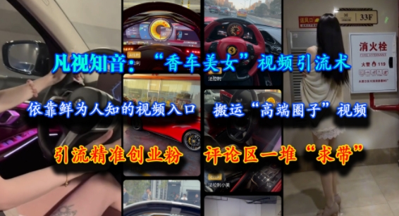 凡视知音：“香车美女”视频引流术，依靠鲜为人知的视频入口，搬运“高端圈子”视频，引流精准创业粉，评论区一堆“求带”——生财有道创业项目网-生财有道