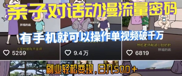 AI引爆短视频，亲子对话动漫流量密码，有手机就可以操作，单视频破千万播放，副业轻松变现，日入5张【揭秘】——生财有道创业项目网-生财有道