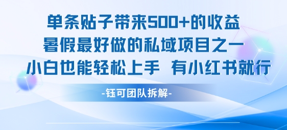 单条贴子带来5张的收益，暑假最好做的私域项目之一，小白也能轻松上手，有小红书就行——生财有道创业项目网-生财有道