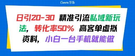 日引 20-30 精准引流私域新玩法，转化率50% 高客单虚拟资料，小白一台手机就能做——生财有道创业项目网-生财有道
