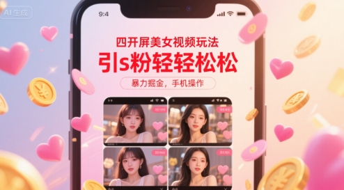 四开屏美女视频玩法，引s粉轻轻松松，暴力掘金，手机操作【揭秘】——生财有道创业项目网-生财有道
