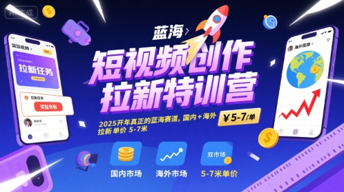 短视频创作拉新特训营，2025开年真正的蓝海赛道，国内+海外，拉新单价5-7米——生财有道创业项目网-生财有道