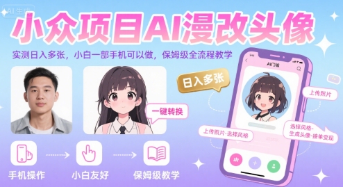 小众项目AI漫改头像，实测日入多张，小白一部手机可以做，保姆级全流程教学——生财有道创业项目网-生财有道