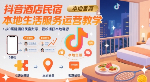 抖音酒店民宿本地生活服务运营教学，从0搭建酒店民宿账号，轻松捕获本地客源——生财有道创业项目网-生财有道