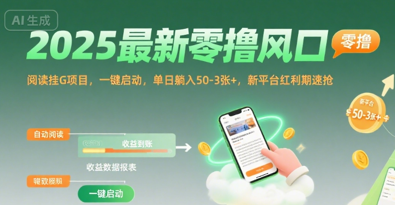 2025最新零撸风口，阅读挂G项目，一键启动，单日躺入 50-3张+，新平台红利期速抢【揭秘】——生财有道创业项目网-生财有道