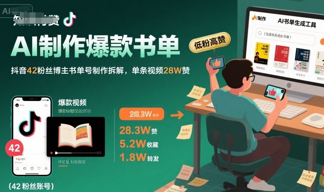 图片[1]-AI制作爆款书单，抖音42粉丝博主书单号制作拆解，单条视频28W赞——生财有道创业项目网-生财有道