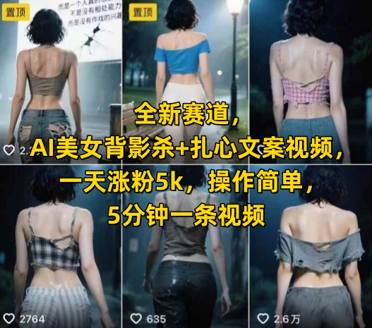 全新赛道，AI美女背影杀+扎心文案视频，一天涨粉5k，操作简单，5分钟一条视频——生财有道创业项目网-生财有道