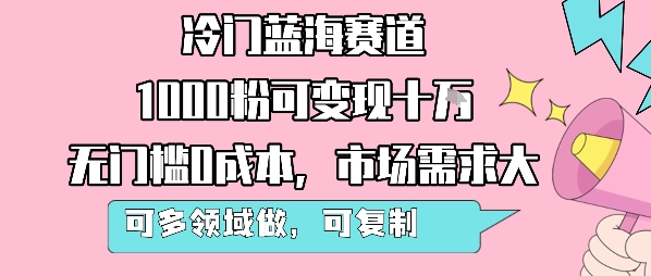 冷门蓝海赛道，1000粉可变现十W，无门槛0成本，市场需求大，可多领域做，可复制性强——生财有道创业项目网-生财有道