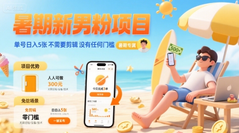 暑期新男粉项目 单号日入5张 不需要剪辑  没有任何门槛——生财有道创业项目网-生财有道