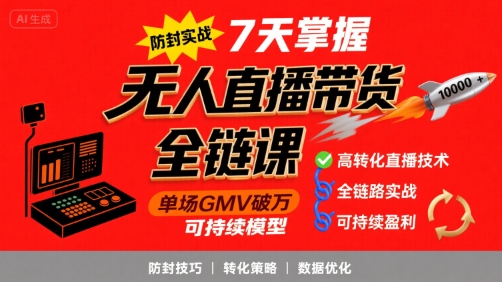 无人直播带货全链防封实战课，7天掌握高转化直播技术，实现单场GMV破万可持续模型——生财有道创业项目网-生财有道