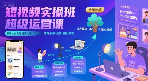 短视频实操班超级运营课，新手小白到短视频大神必修课程，剪辑-拍摄-运营-直播-变现——生财有道创业项目网-生财有道