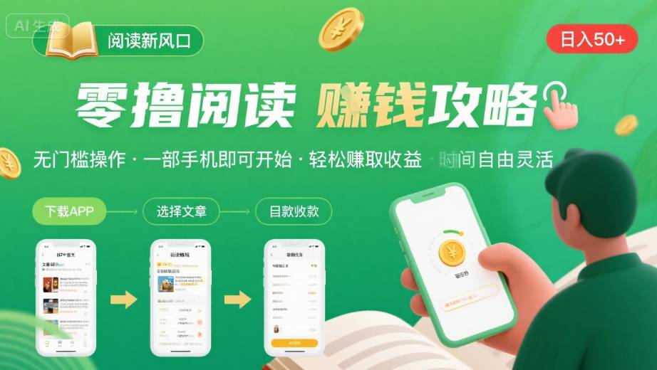 零撸阅读新风口，无门槛轻松挣，一部手机，日入 50-3张【揭秘】——生财有道创业项目网-生财有道