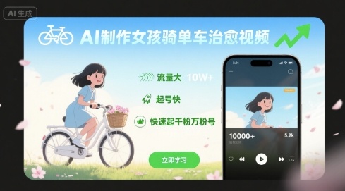 AI制作女孩骑单车治愈视频，流量大，起号快，快速起千粉万粉号——生财有道创业项目网-生财有道