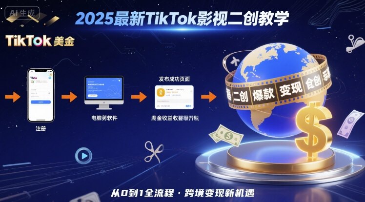 2025年最新TikTok影视二创教学，从注册到发布撸美金全流程，跨境变现新机遇——生财有道创业项目网-生财有道