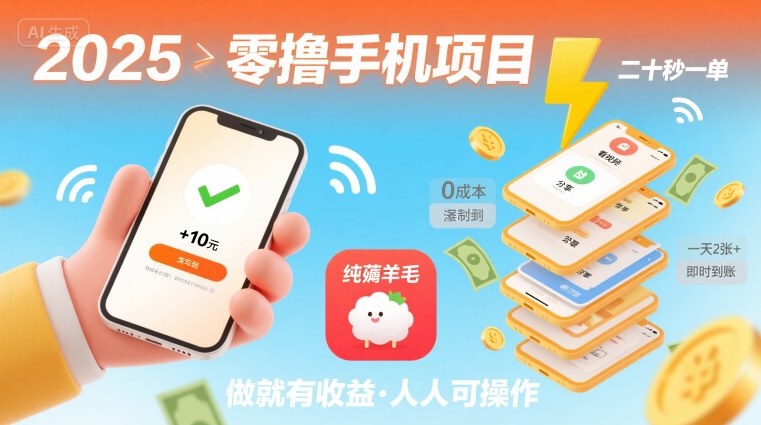 2025年零撸手机项目，二十秒一单，纯薅羊毛 一天2张+做就有【揭秘】——生财有道创业项目网-生财有道