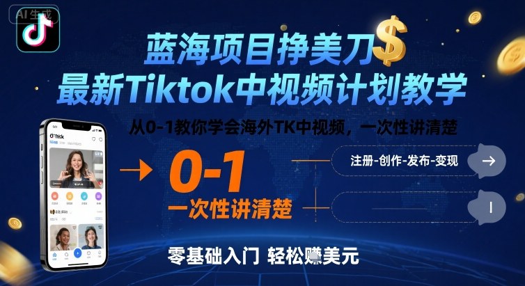 蓝海项目挣美刀，最新Tiktok中视频计划教学，从0-1教你学会海外TK中视频，一次性讲清楚——生财有道创业项目网-生财有道