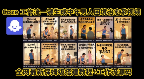 coze工作流一键生成”中年男人困境扎心高涨粉高播放量图文视频”保姆级拆解教程，无需剪辑，无需拍摄写文案——生财有道创业项目网-生财有道