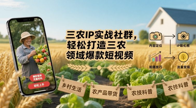 三农IP实战社群，轻松打造三农领域爆款短视频——生财有道创业项目网-生财有道