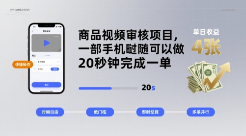 商品视频审核项目，一部手机随时随地都可以做，20秒钟完成一单，单日收益 4张【揭秘】——生财有道创业项目网-生财有道