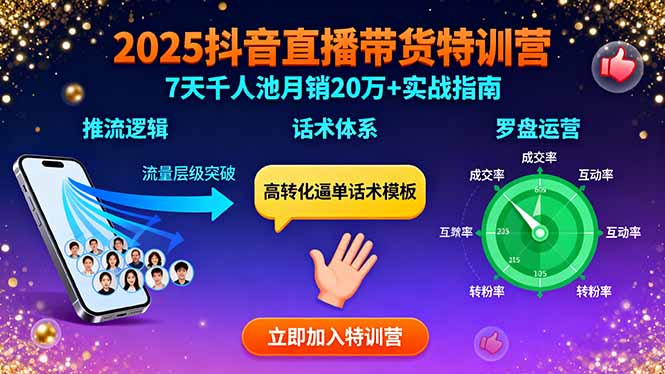 （15958期）2025抖音直播带货特训：推流逻辑、话术体系、罗盘运营,7天千人池月销20万+_生财有道创业项目网-生财有道
