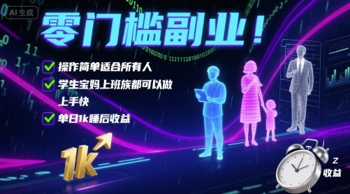 零门槛副业！操作简单适合所有人，学生宝妈上班族都可以做，上手快，单日1k睡后收益【揭秘】——生财有道创业项目网-生财有道