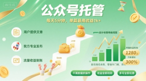 【公众号托管 】我提供文章，你发布，每天5分钟，单篇最高收益1k+【揭秘】——生财有道创业项目网-生财有道