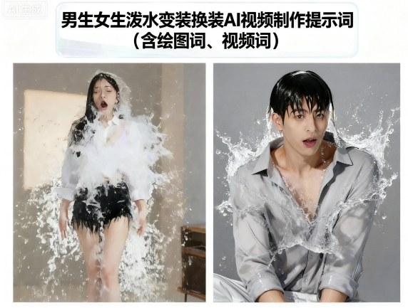 男生女生泼水变装换装AI视频制作提示词(含绘图词、视频词)——生财有道创业项目网-生财有道
