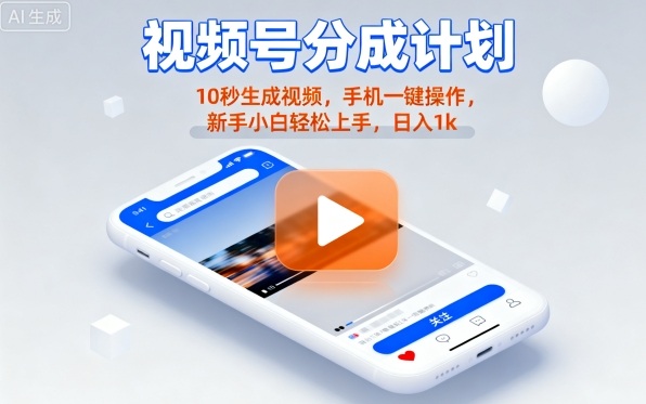 视频号分成计划懒人玩法，10秒生成视频，手机一键操作，新手小白轻松上手，日入1K【揭秘】——生财有道创业项目网-生财有道