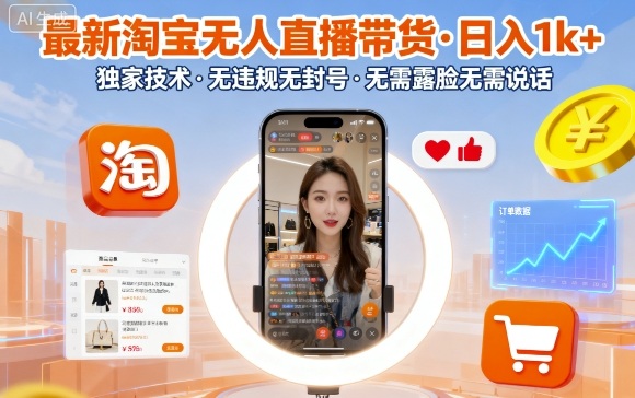最新淘宝无人直播带货，日入1k+，独家技术，无违规无封号，无需露脸无需说话【揭秘】——生财有道创业项目网-生财有道